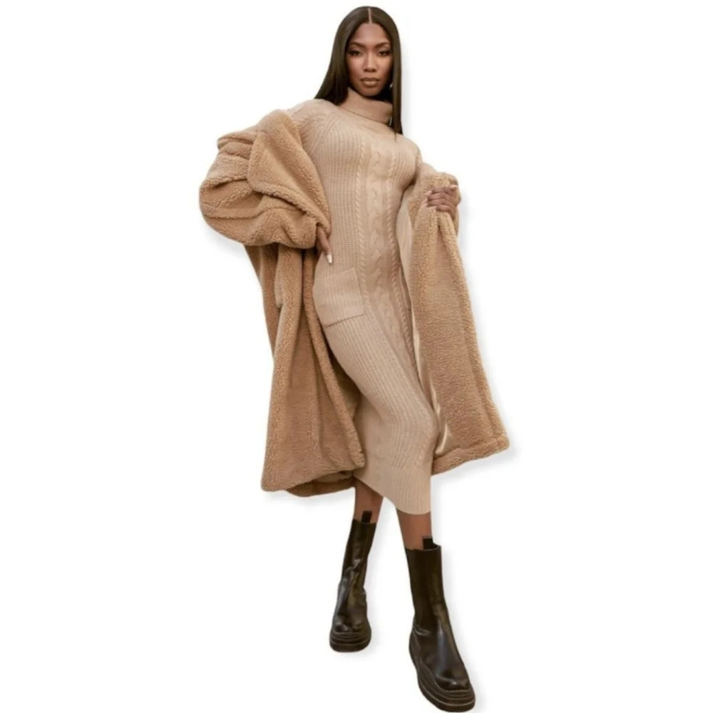 Fashion Nova NWT Cozy Season Knit Sweater Midi Dress Taupe